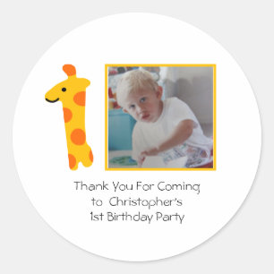 Giraffe Photo Orange and Yellow 1st Birthday  Classic Round Sticker