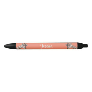 Giraffe Photos on Salmon Pink Personalized Name Black Ink Pen