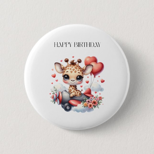 Giraffe Pilot Birthday 2 Inch Round Button (Front)