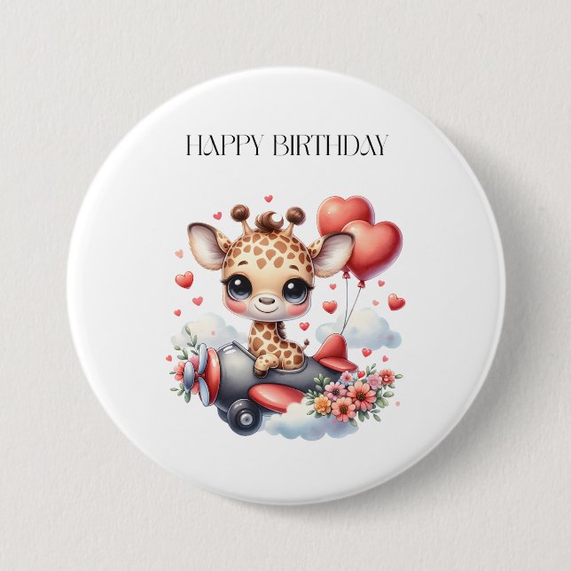 Giraffe Pilot Birthday 3 Inch Round Button (Front)