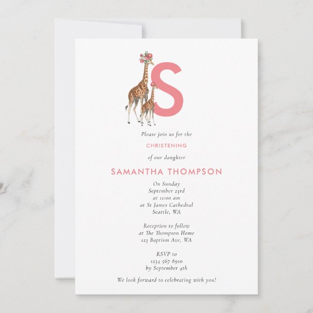 Giraffe Pink Baby Girl Initial Baptism Christening Invitation (Front)
