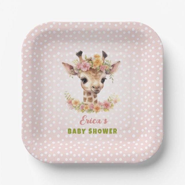 Giraffe Pink Baby Girl Shower Sprinkle Wild Jungle Paper Plate (Front)