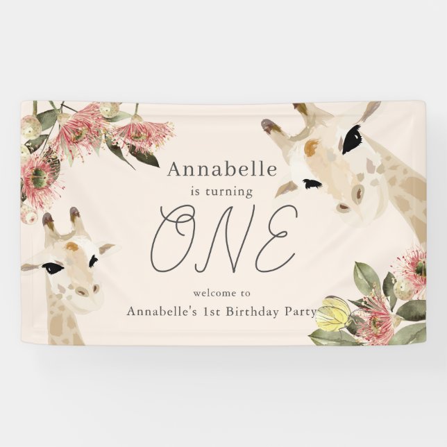 Giraffe Pink Floral Girl 1st Birthday Banner (Horizontal)