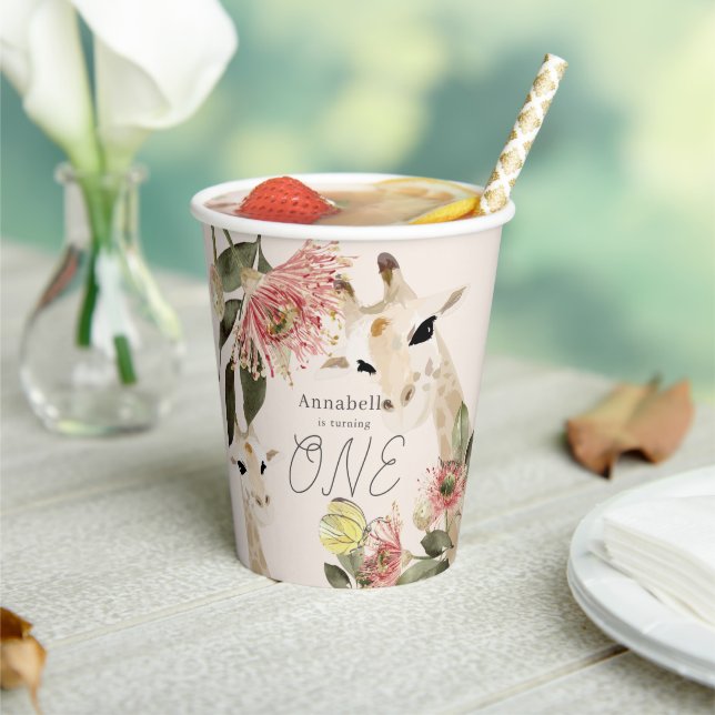 Giraffe Pink Floral Girl 1st Birthday Paper Cups (Insitu)