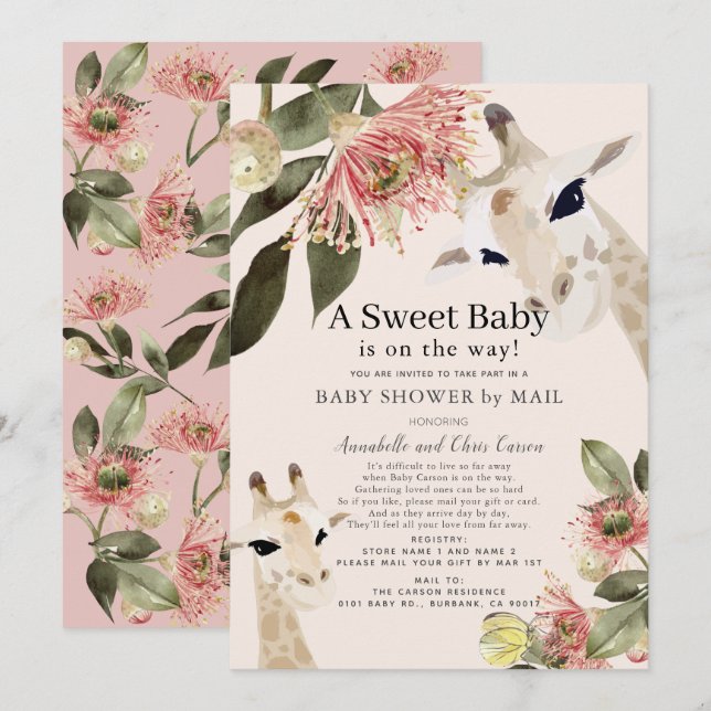 Giraffe Pink Floral Girl Baby Shower by Mail Invitation (Front/Back)