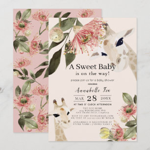 Giraffe Pink Floral Girl Baby Shower Invitation