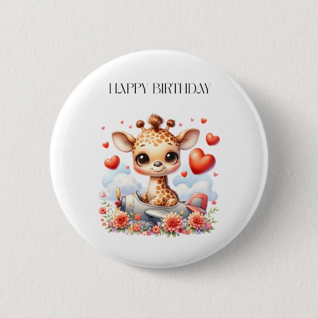 Giraffe Plane Birthday 2 Inch Round Button (Front)