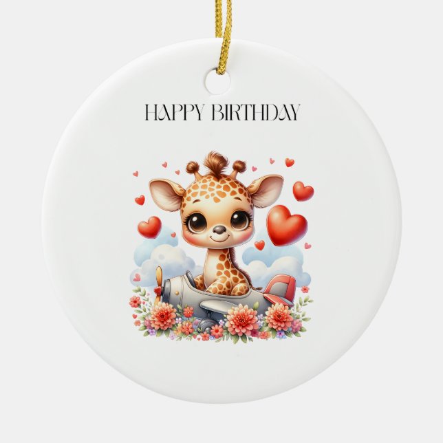 Giraffe Plane Birthday Ceramic Ornament (Front)