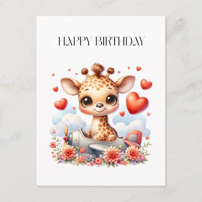 Giraffe Plane Birthday Invitation Postcard (Front)
