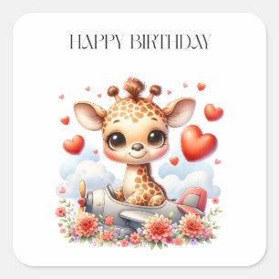 Giraffe Plane Birthday Square Sticker