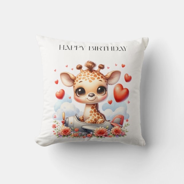 Giraffe Plane Birthday Throw Pillow (Front)