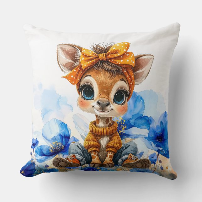 Giraffe polka dot bow blue poppies throw pillow (Front)