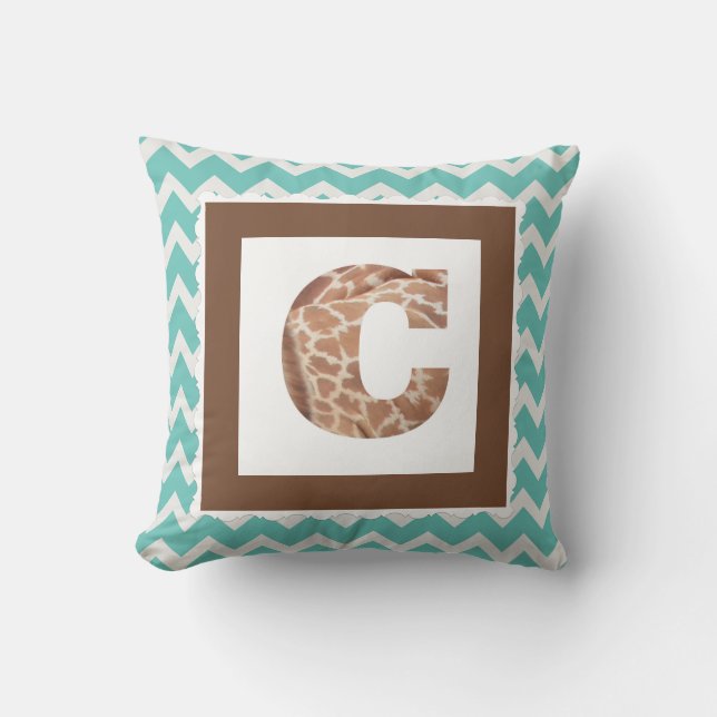 Giraffe Print Letter "C" on Mint/White Chevron Throw Pillow (Front)