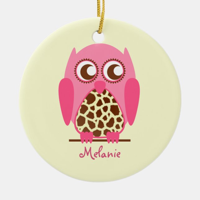 Giraffe Print & Pink Owl Personalized Ornament (Front)