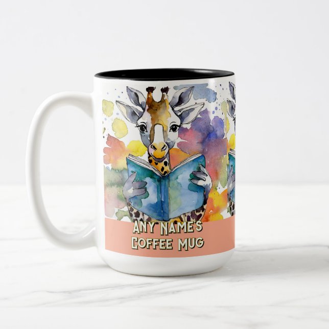 Giraffe Reading the Big Book Two-Tone Coffee Mug (Left)