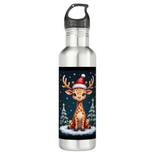 Giraffe Reindeer Hat Santa Christmas Tree Funny Xm 710 Ml Water Bottle