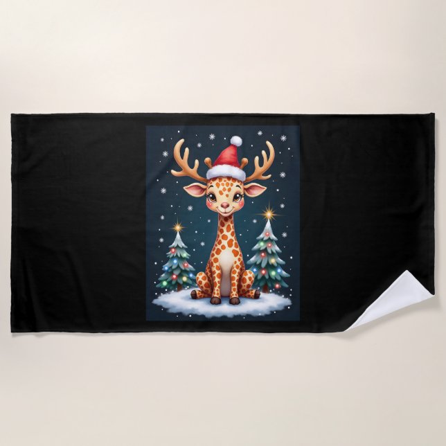 Giraffe Reindeer Hat Santa Christmas Tree Funny Xm Beach Towel (Front)
