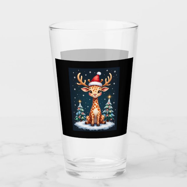 Giraffe Reindeer Hat Santa Christmas Tree Funny Xm Glass (Front)