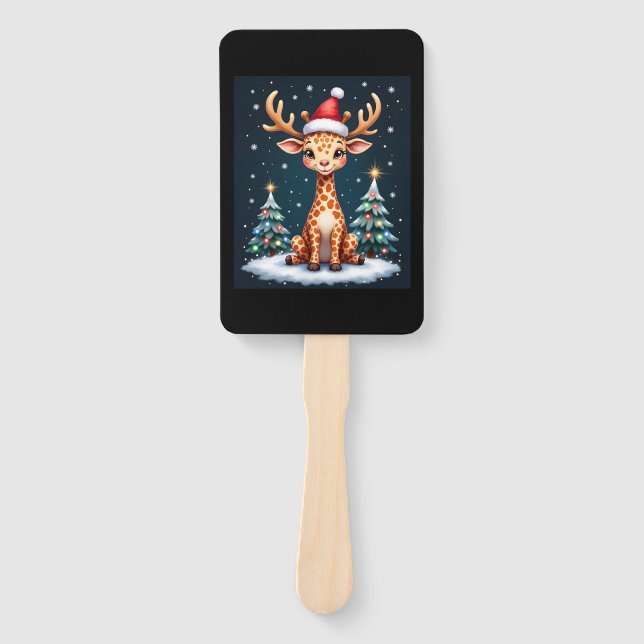 Giraffe Reindeer Hat Santa Christmas Tree Funny Xm Hand Fan (Front)