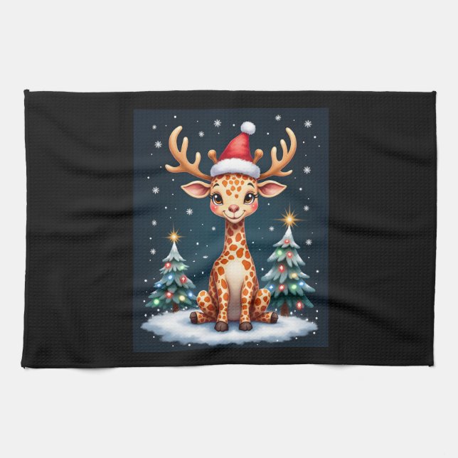 Giraffe Reindeer Hat Santa Christmas Tree Funny Xm Kitchen Towel (Horizontal)