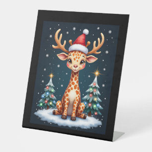 Giraffe Reindeer Hat Santa Christmas Tree Funny Xm Pedestal Sign