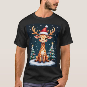 Giraffe Reindeer Hat Santa Christmas Tree Funny Xm T-Shirt