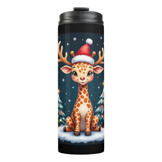 Giraffe Reindeer Hat Santa Christmas Tree Funny Xm Thermal Tumbler (Front)