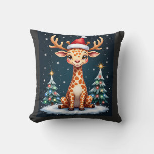 Giraffe Reindeer Hat Santa Christmas Tree Funny Xm Throw Pillow