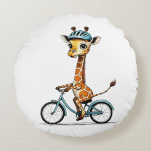 Giraffe Riding a Bicycle – Hand-Drawn Pencil Art Round Pillow