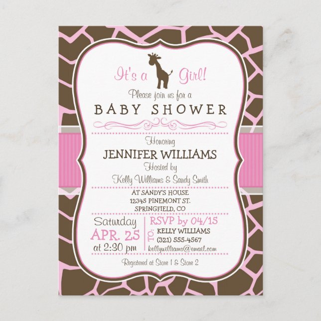 Giraffe rose Baby shower de fille Carte postale In (Devant)
