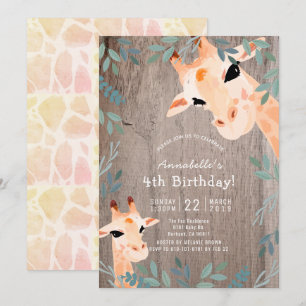 Giraffe Rustic Wood Greenery Birthday Invitation