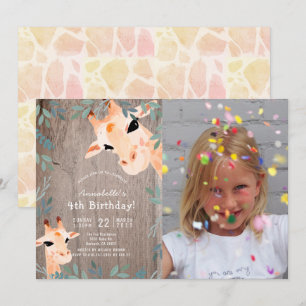 Giraffe Rustic Wood Greenery Photo Kids Birthday Invitation