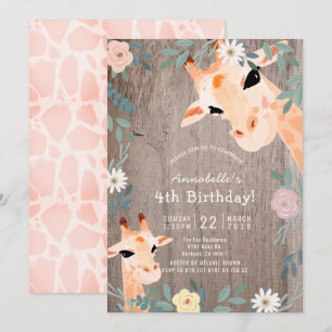 Giraffe Rustic Wood Pink Floral Birthday Invitation