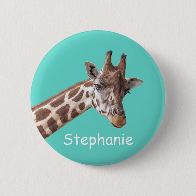 Giraffe Safari Animal on Teal Personalized Name 2 Inch Round Button (Front)