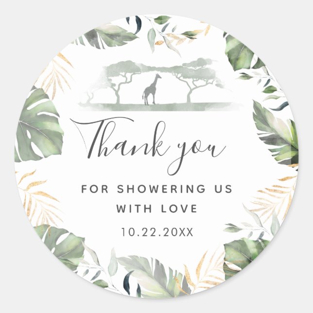 Giraffe Safari Palm Leaves Baby Shower Favour Classic Round Sticker (Front)