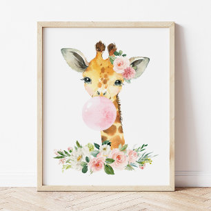 Giraffe, Safari, Pink Bubble Gum, Girl Nursery Photo Print