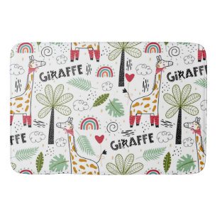 Giraffe Safari themed Palm Tree, Rainbow, doodle Bath Mat