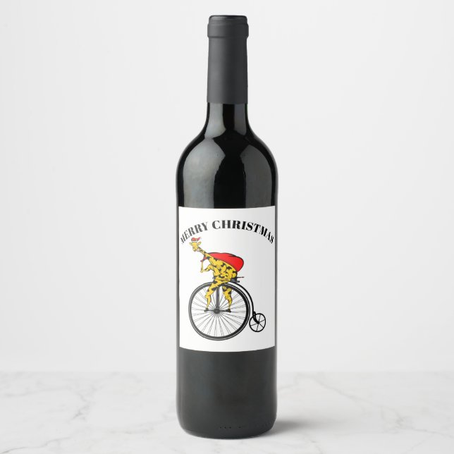 Giraffe Santa Claus Christmas Wine Label (Front)