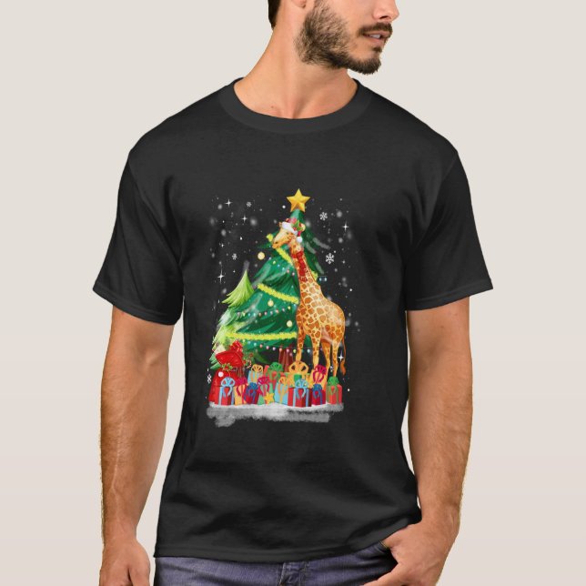 Giraffe Scarf Costume Santa Lights Hat Snow Christ T-Shirt (Front)