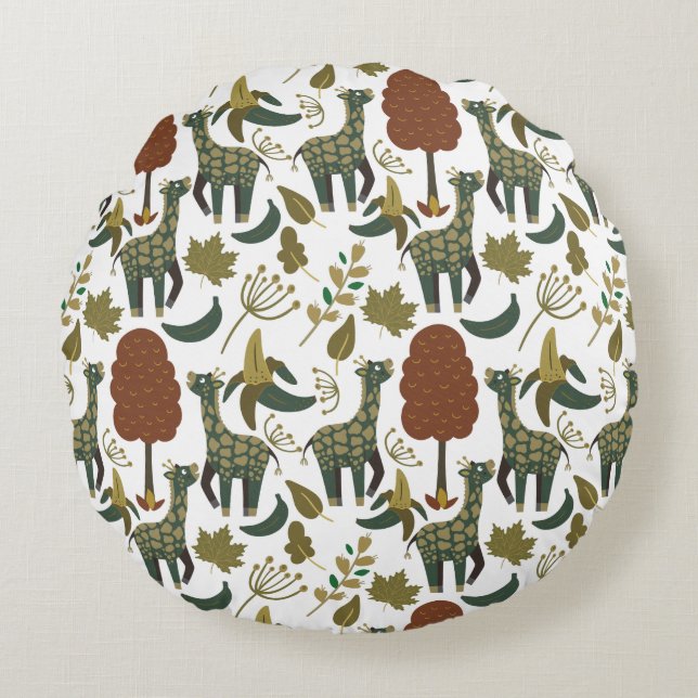 Giraffe seamless pattern | colourful floral patter round pillow (Front)
