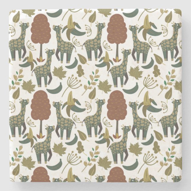 Giraffe seamless pattern | colourful floral patter stone coaster (Front)