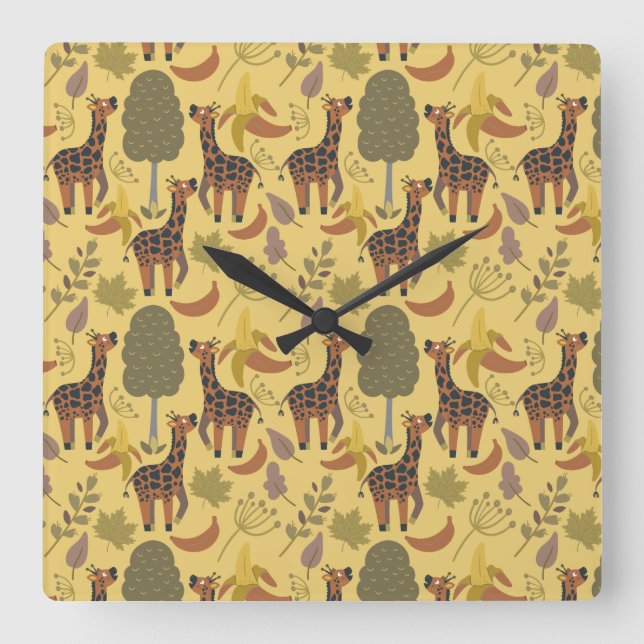 Giraffe seamless pattern yellow background square wall clock (Front)