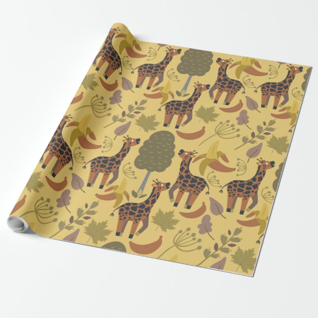 Giraffe seamless pattern yellow background wrapping paper (Unrolled)
