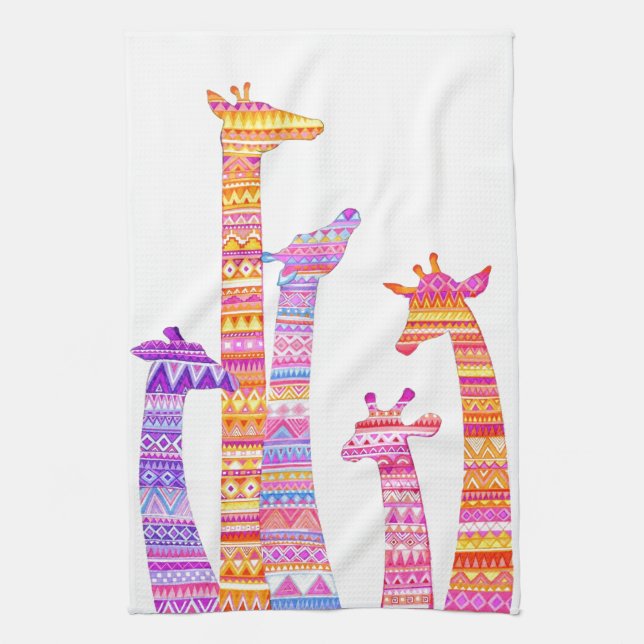 Giraffe Silhouettes in Colourful Tribal Print Kitchen Towel (Vertical)