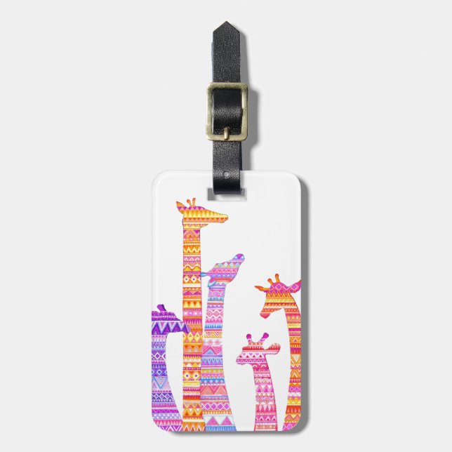 Giraffe Silhouettes in Colourful Tribal Print Luggage Tag (Front Vertical)