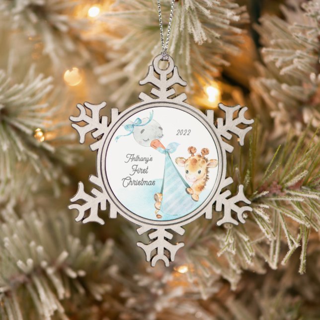 Giraffe Special Delivery Baby's First Christmas Snowflake Pewter Christmas Ornament (Tree)