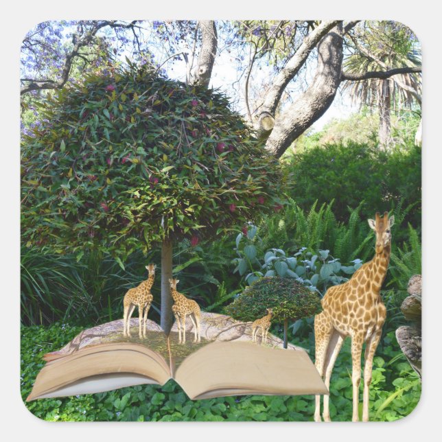 Giraffe Story Book Time, Square Sticker (Front)