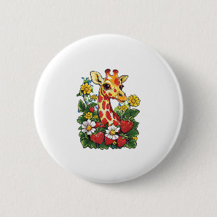 Giraffe Strawberries and Flowers Graphic Cute Gira 2 Inch Round Button