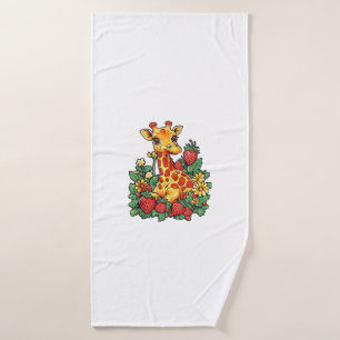 Giraffe Strawberries and Flowers Graphic Cute Gira Bath Towel