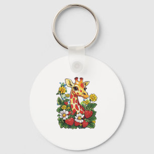 Giraffe Strawberries and Flowers Graphic Cute Gira Keychain